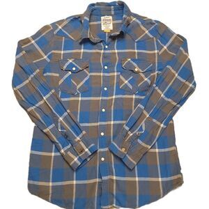 44mm Mens M  Shirt Pearl Snap Long Sleeve Cotton Blue Brown Plaid Legendary Good